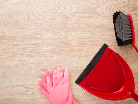 Handfeger, Kehrblech und Handschuhe auf einem Holzboden
